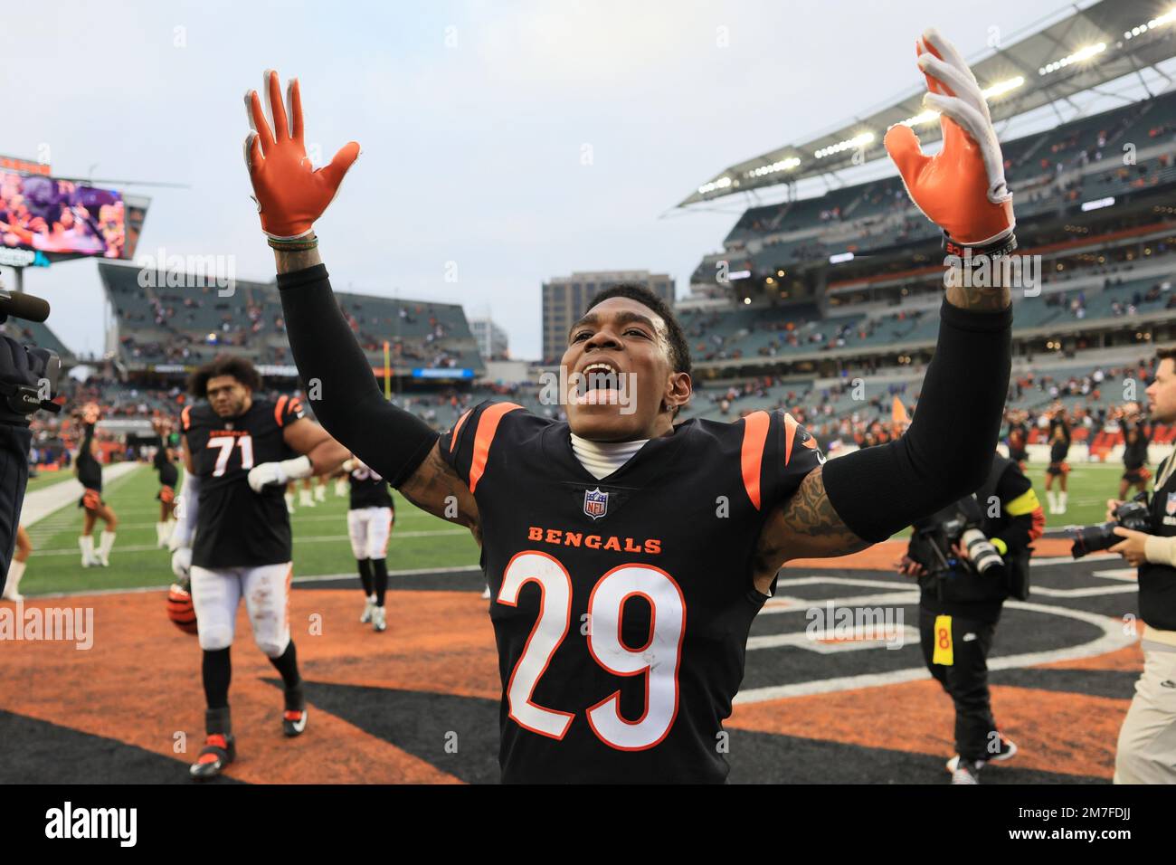 Cincinnati Bengals' Cam Taylor-Britt reacts as he leaves the field  following an NFL football game against the Cleveland Browns, Sunday, Dec. 11,  2022, in Cincinnati. (AP Photo/Aaron Doster Stock Photo - Alamy