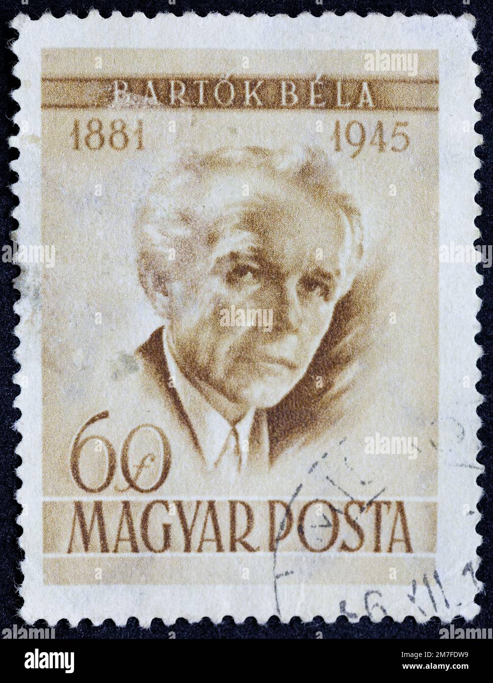 HUNGARY - CIRCA 1966: Postage stamp 60 forints printed in the Hungary shows Portrait of ethnomusicologist Bela Bartok 1881-1945. Post stamp series dev Stock Photo