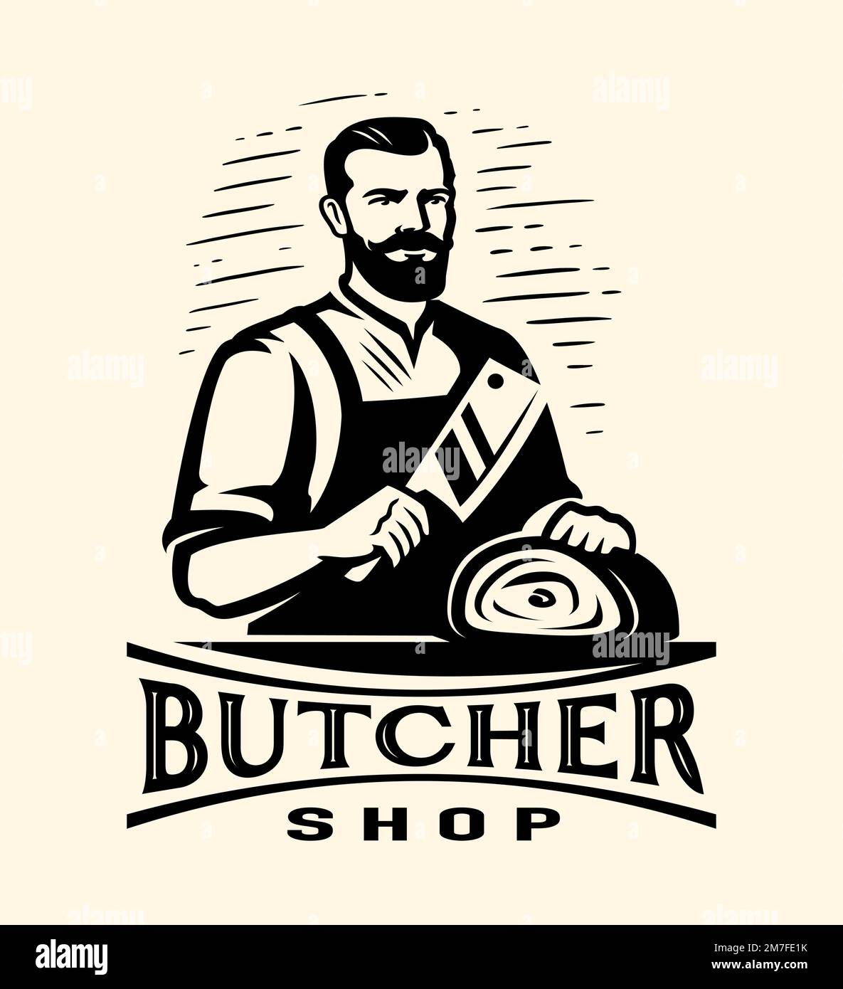 Butcher with cleaver knife and fresh beef meat. Butcher shop, farm