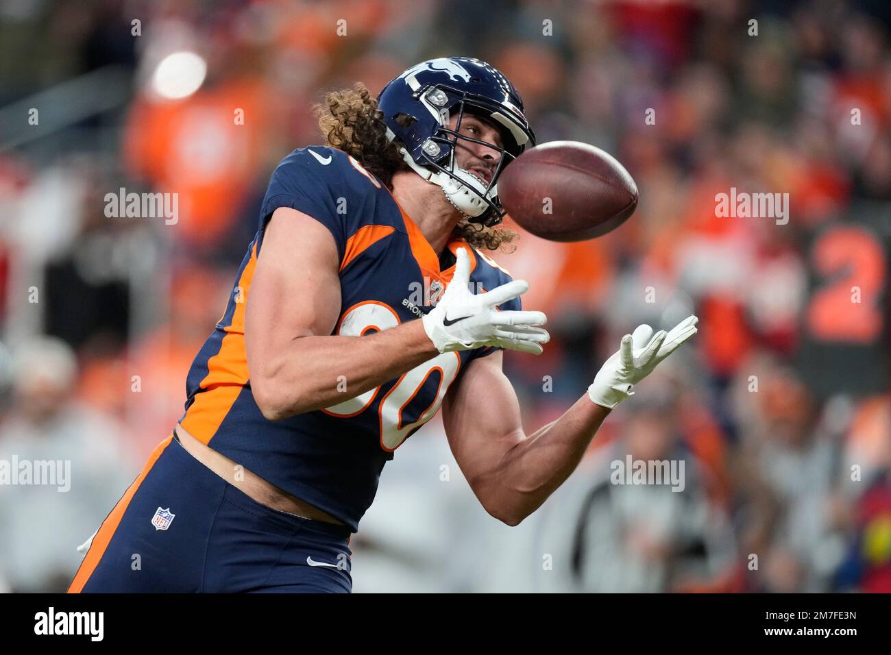 Denver Broncos tight end Greg Dulcich (80) makes a catch during the