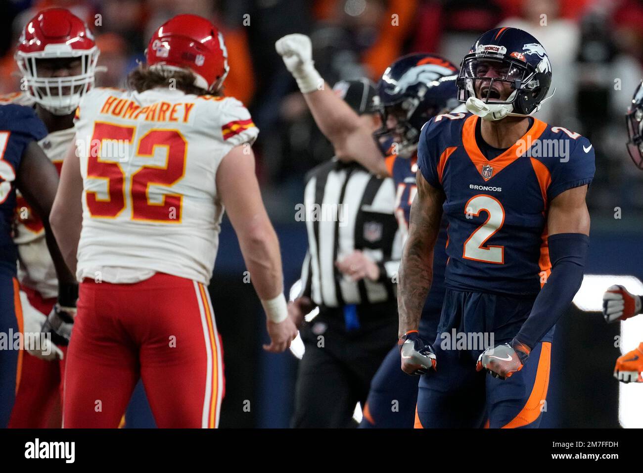 Denver Broncos cornerback Pat Surtain II (2) reacts after a tackle during  the second half of an NFL football game against the Kansas City Chiefs  Sunday, Dec. 11, 2022, in Denver. (AP