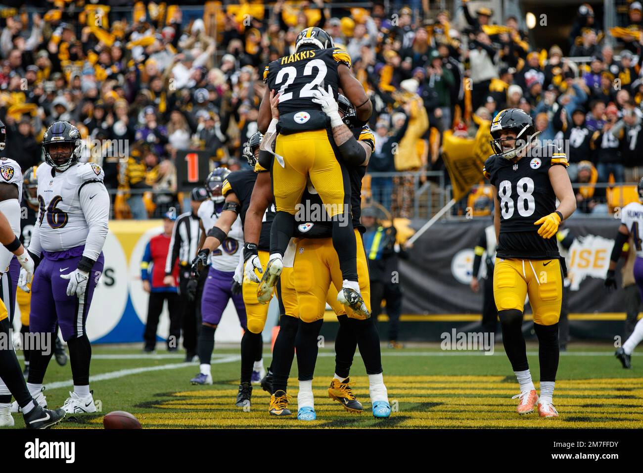 Pittsburgh Steelers running back Najee Harris (22) celebrates a touchdown  during an NFL football game, Sunday, Dec. 11, 2022, in Pittsburgh, PA. (AP  Photo/Matt Durisko Stock Photo - Alamy