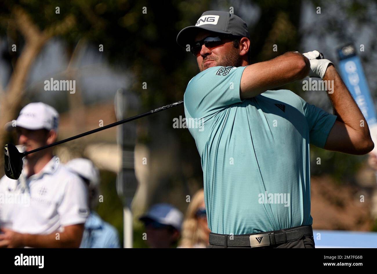 Denny McCarthy tees off on the ninth hole during the final round of the PGA QBE Shootout golf tournament at Tiburon Golf Club, Sunday, Dec