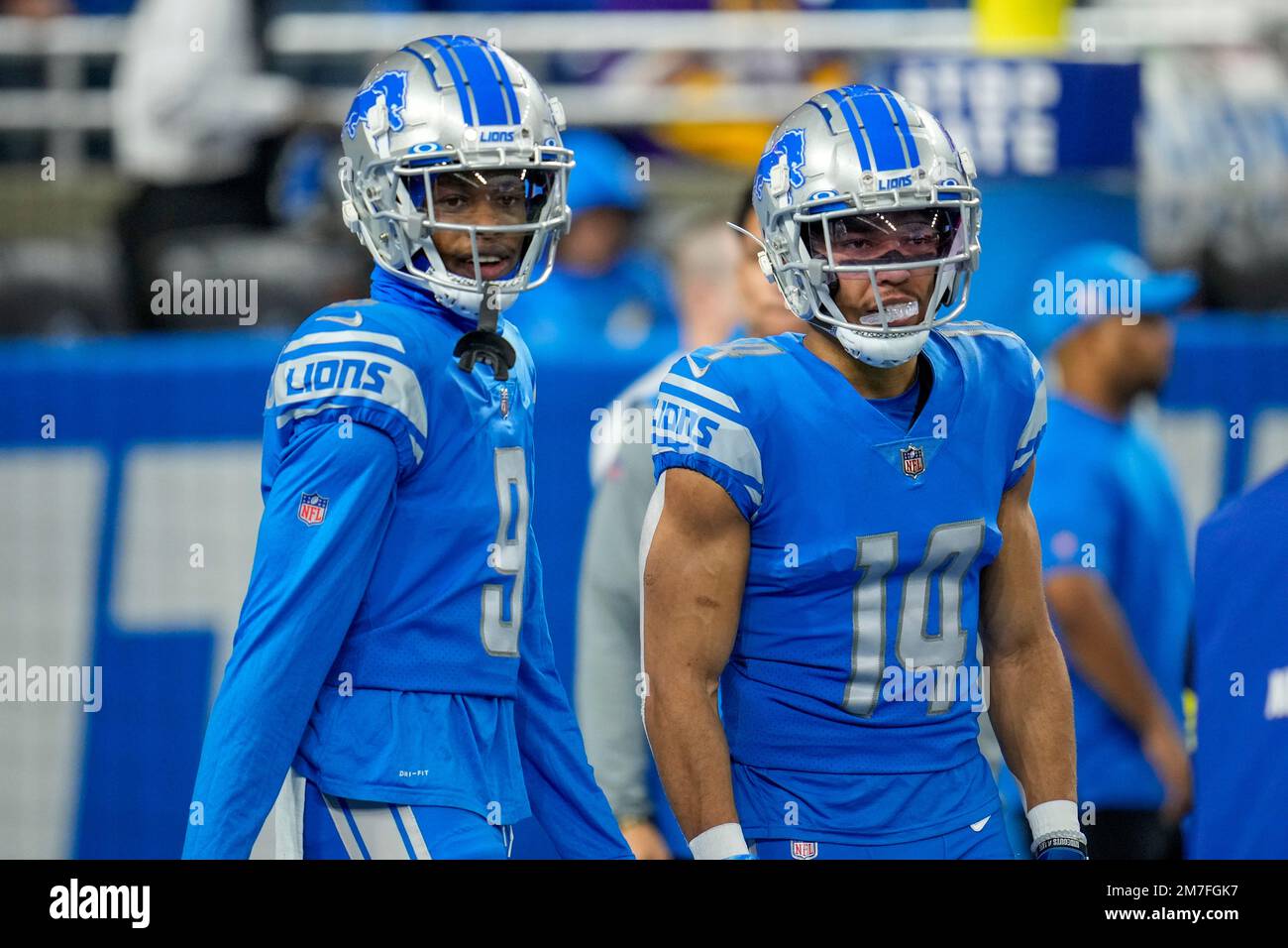 Detroit Lions' Jameson Williams (9) and Amon-Ra St. Brown before an NFL  football game against the Minnesota Vikings Sunday, Dec. 11, 2022, in  Detroit. (AP Photo/Paul Sancya Stock Photo - Alamy