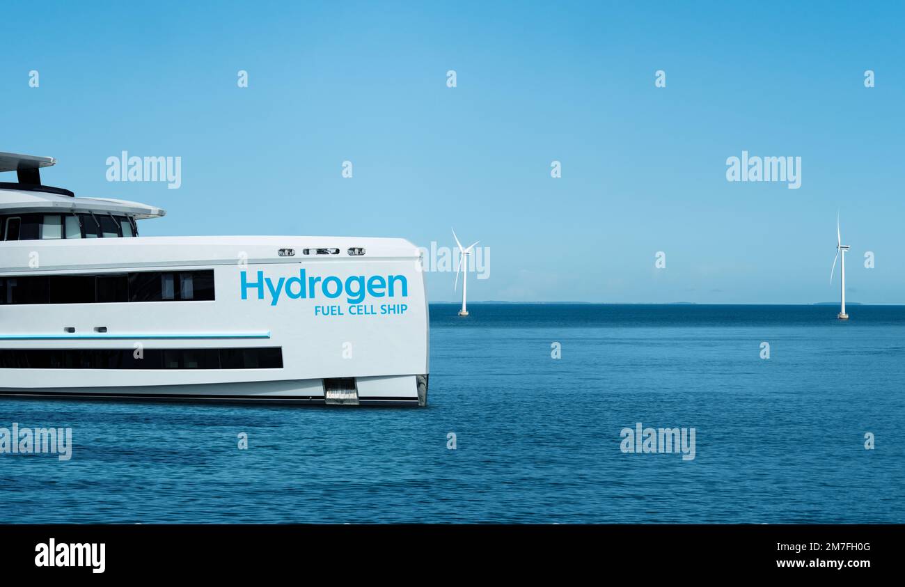 A hydrogen fuel cell yacht on a background of wind turbines at sea