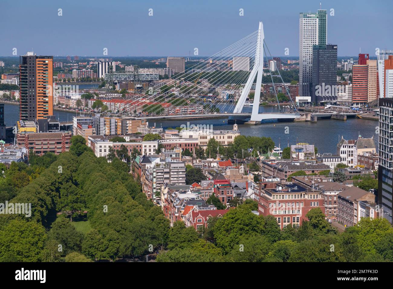 Holland, Rotterdam, View from the Euromast including Het Park, Erasmus Bridge and the Nieuwe Maas River. Stock Photo