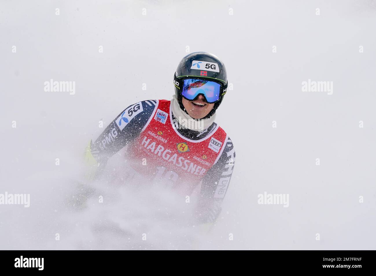 Norway's Atle Lie McGrath celebrates at the finish area of an alpine ...