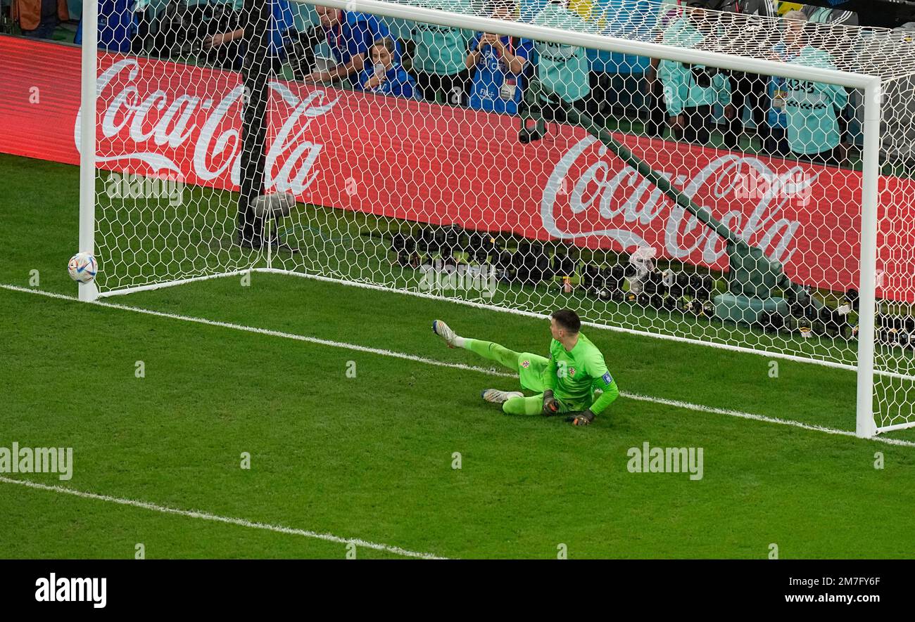Croatia's goalkeeper Dominik Livakovic reacts after Brazil's Marquinhos  missed a penalty shot during the penalty shootout in the World Cup  quarterfinal soccer match between Croatia and Brazil, at the Education City  Stadium
