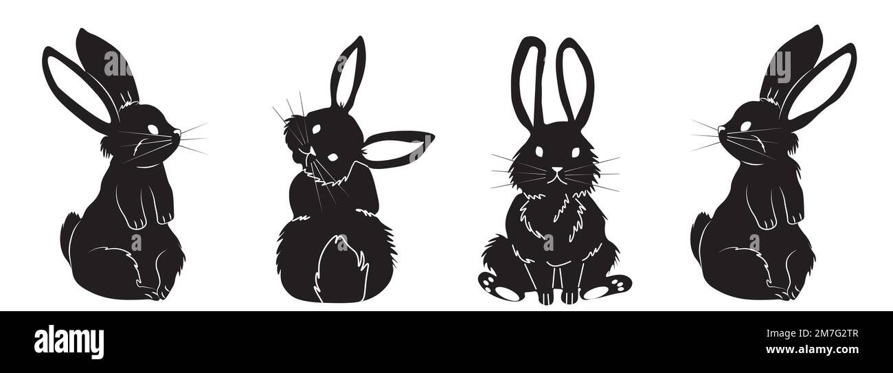 Set of black cute pretty bunny, rabbit or hare. Four different poses