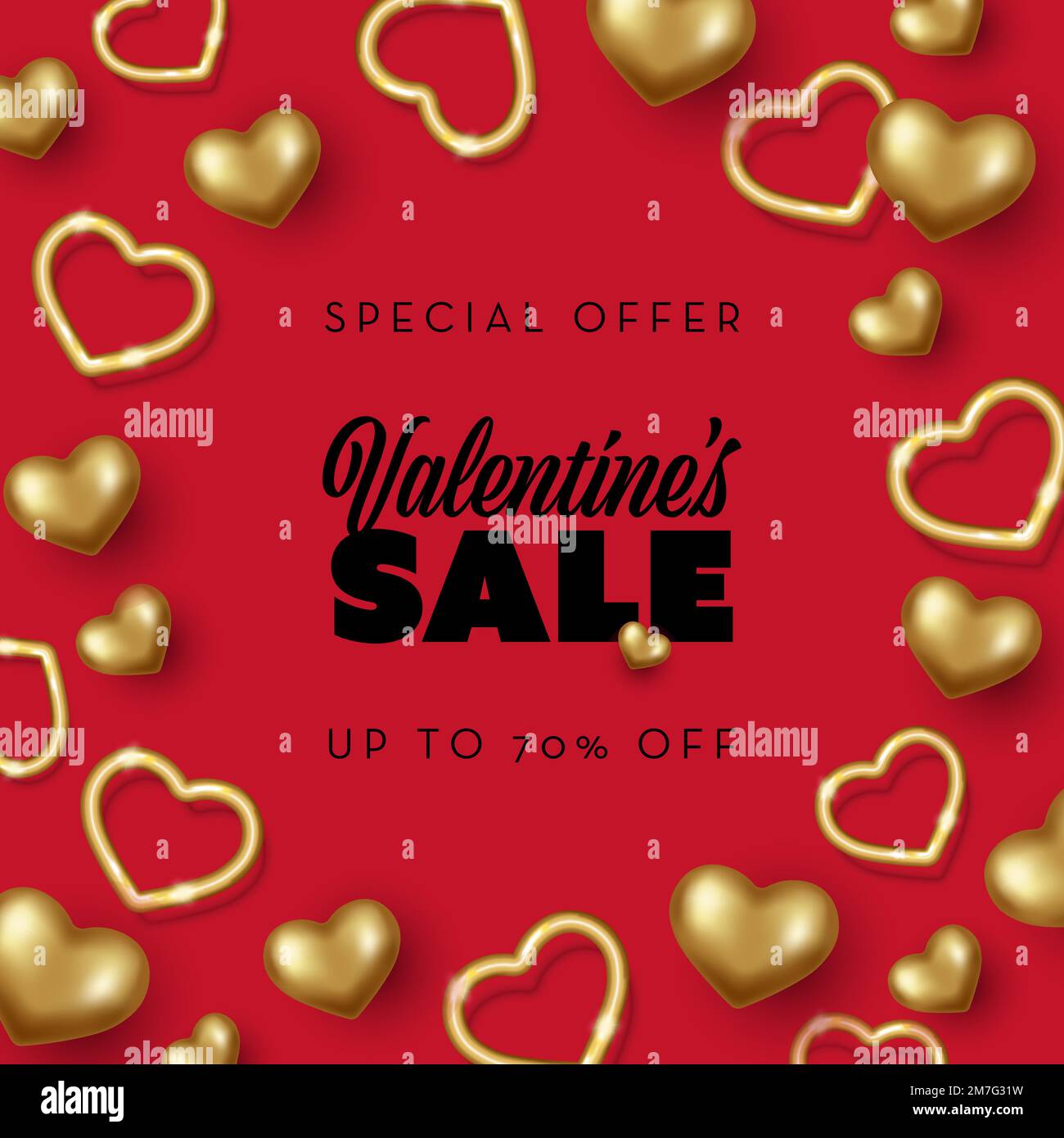 Valentine’s Sale Post with 3d golden hearts. Vector realistic illustration in 3d style Stock Vector