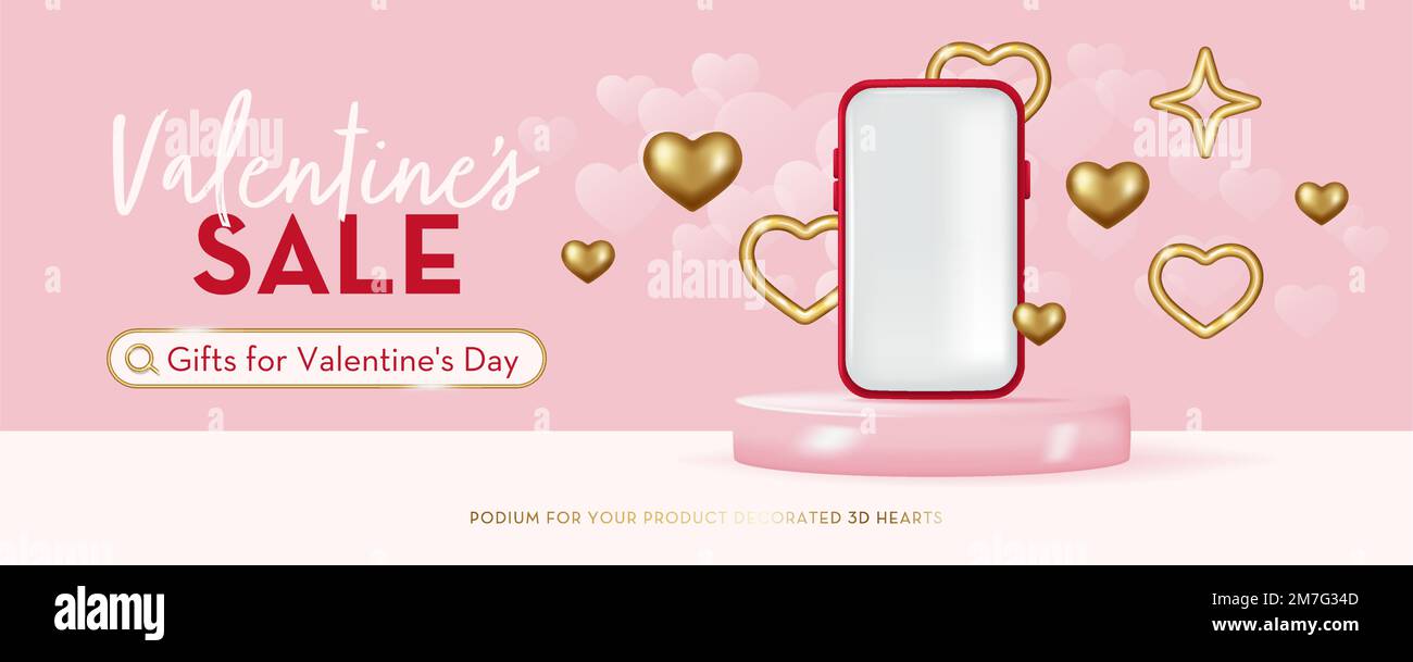 Valentine’s Sale banner with smartphone on the podium, and 3d golden hearts. Realistic vector illustration in 3d style Stock Vector