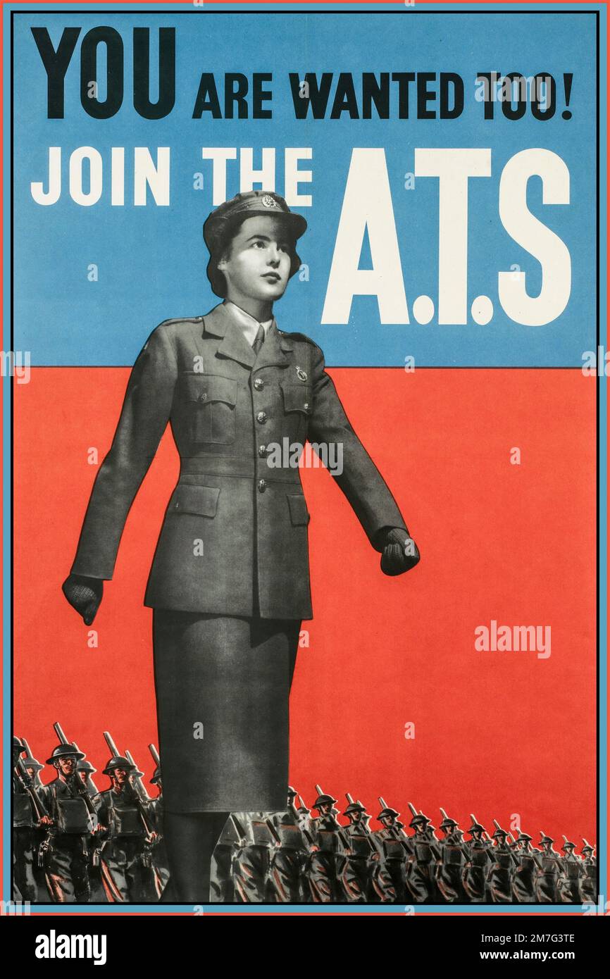 THE ATS WW2 Vintage UK British WW2 Propaganda Poster for The ATS “You are Wanted Too!” “ Join the ATS” a three-quarter length photograph of a young woman marching forward in an Auxiliary Territorial Service uniform. In the background, two lines of infantrymen march behind her with shouldered rifles. Printed for H.M. Stationery Office by A.C. Ltd. Date 1939 Second World War  World War II Stock Photo