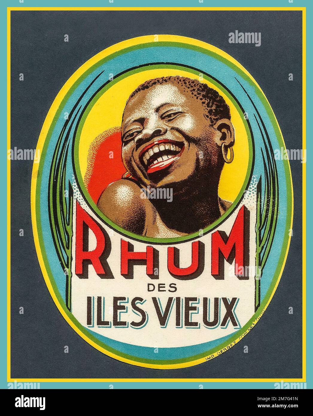 Vintage RHUM des Iles Vieux with laughing young Caribbean girl in centre 1930s advertising illustration Alcoholic spirit Rum traditionally distilled in the old Caribbean Islands Stock Photo