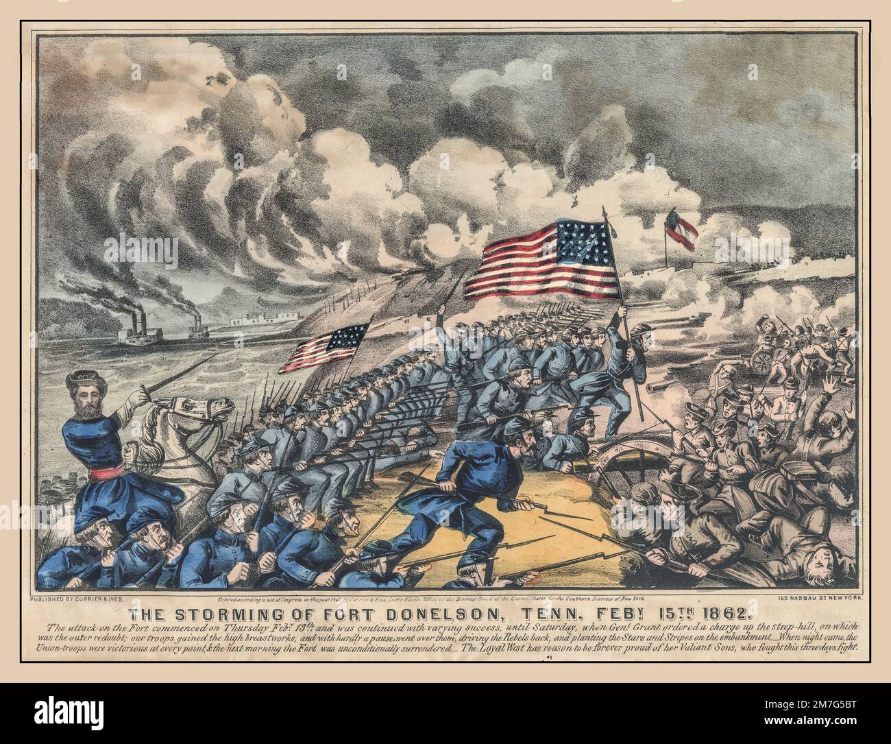AMERICAN CIVIL WAR LITHOGRAPH  "The Storming Of Fort Donelson, Tennessee . February. 15th 1862." Hand colored lithograph by Currier and Ives, New York, 1862. Stock Photo