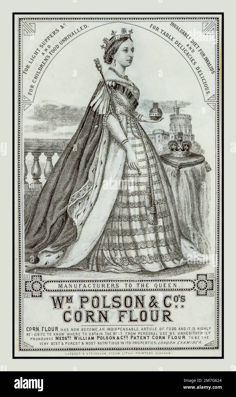 Vintage Advertisement Poster for Polson Corn Flour featuring Queen Victoria with sceptre & orb with State Crown at her side. Windsor Castle behind. Royal endorsement advertising 1890s Stock Photo