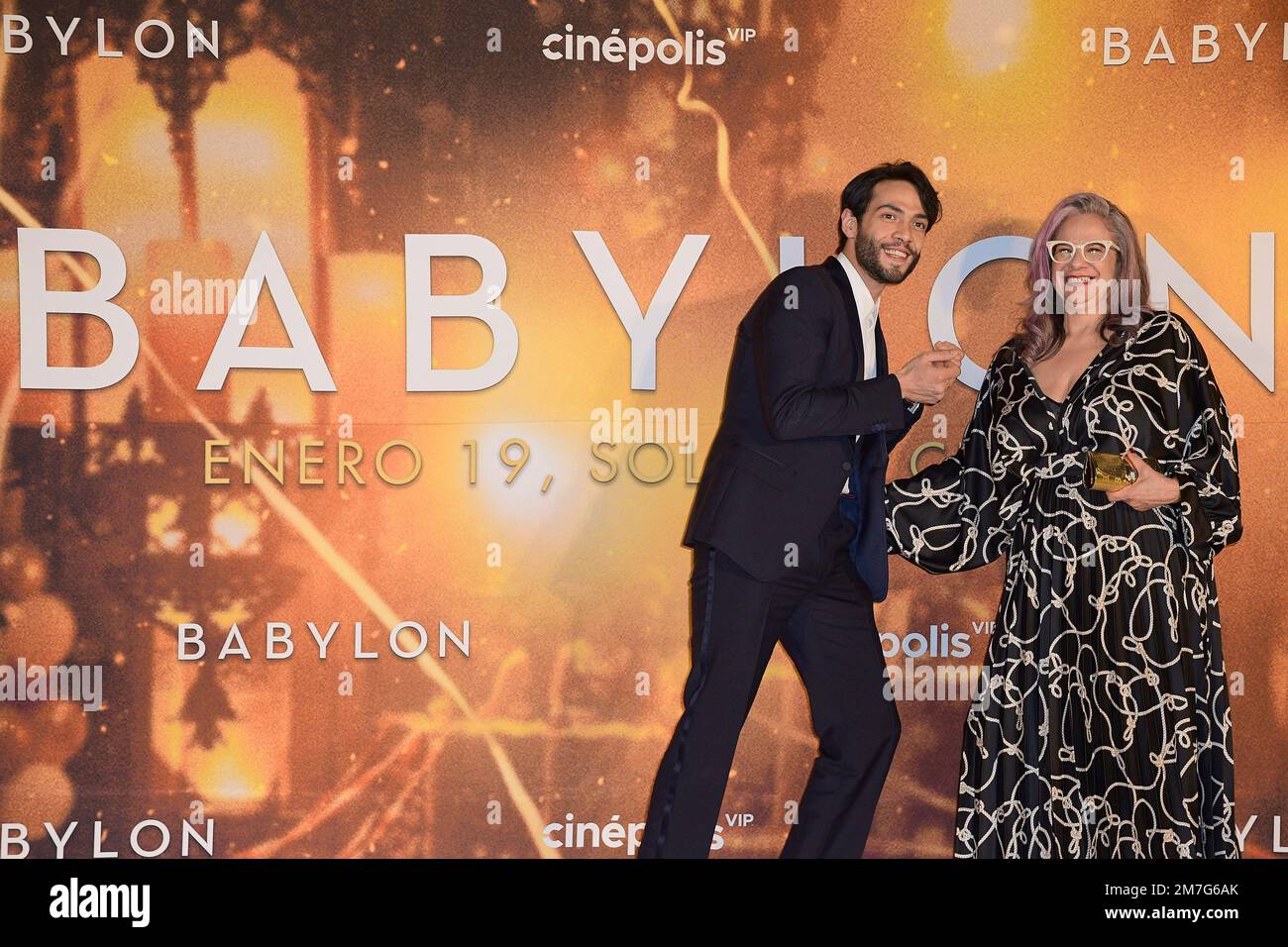 Mexico City, Mexico. 08th Jan, 2023. January 8, 2023, Mexico City, Mexico: Diego Calva and his mother Lorena Hernandez attend the red carpet of the Babylon film premiere at Plaza Carso. on January 8, 2023 in Mexico City, Mexico. (Photo by Jaime Nogales/ Eyepix Group) (Photo by Eyepix/NurPhoto) Credit: NurPhoto SRL/Alamy Live News Stock Photo