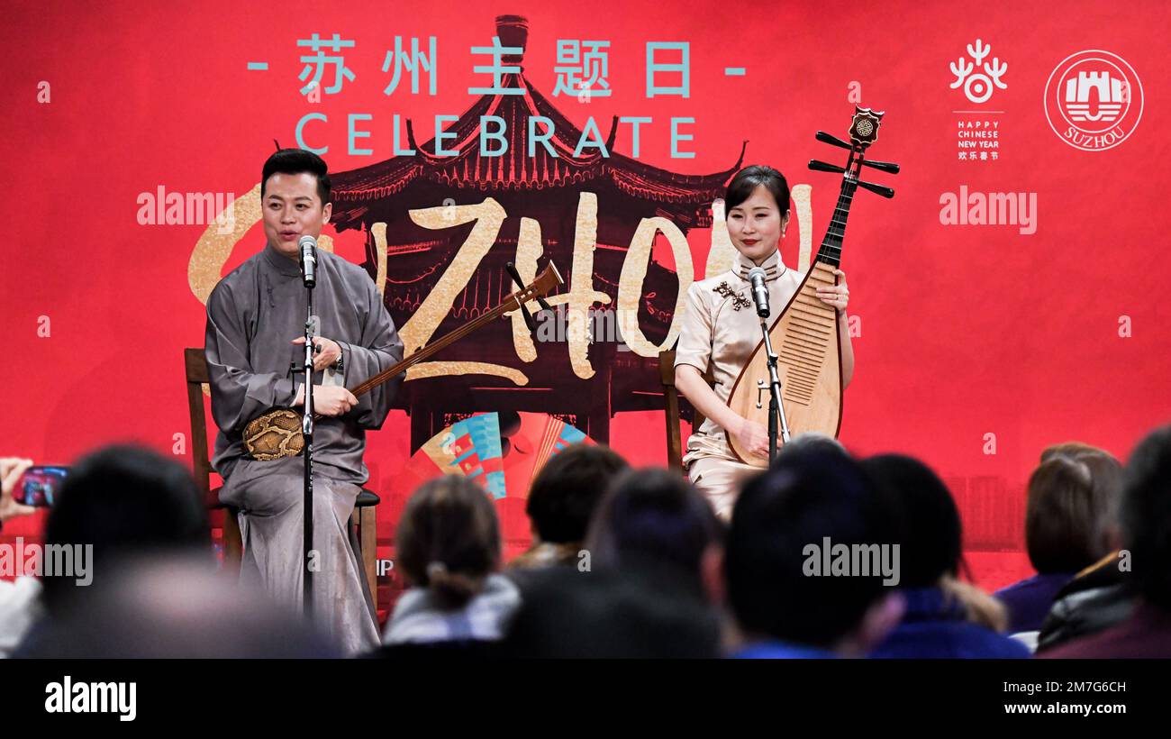 New York, USA. 8th Jan, 2023. Artists perform Pingtan ballad singing at China Institute in Manhattan, New York, the United States, Jan. 8, 2023. Multiple events were staged in New York City on the weekend featuring intangible cultural heritage from east China's Suzhou. On Saturday night, Chinese artists presented Suzhou-style embroidery, Kunqu Opera and Pingtan, which is a form of ballad singing in Suzhou dialect with Chinese instruments, at the opening ceremony of the Suzhou theme day. Credit: Ziyu Julian Zhu/Xinhua/Alamy Live News Stock Photo