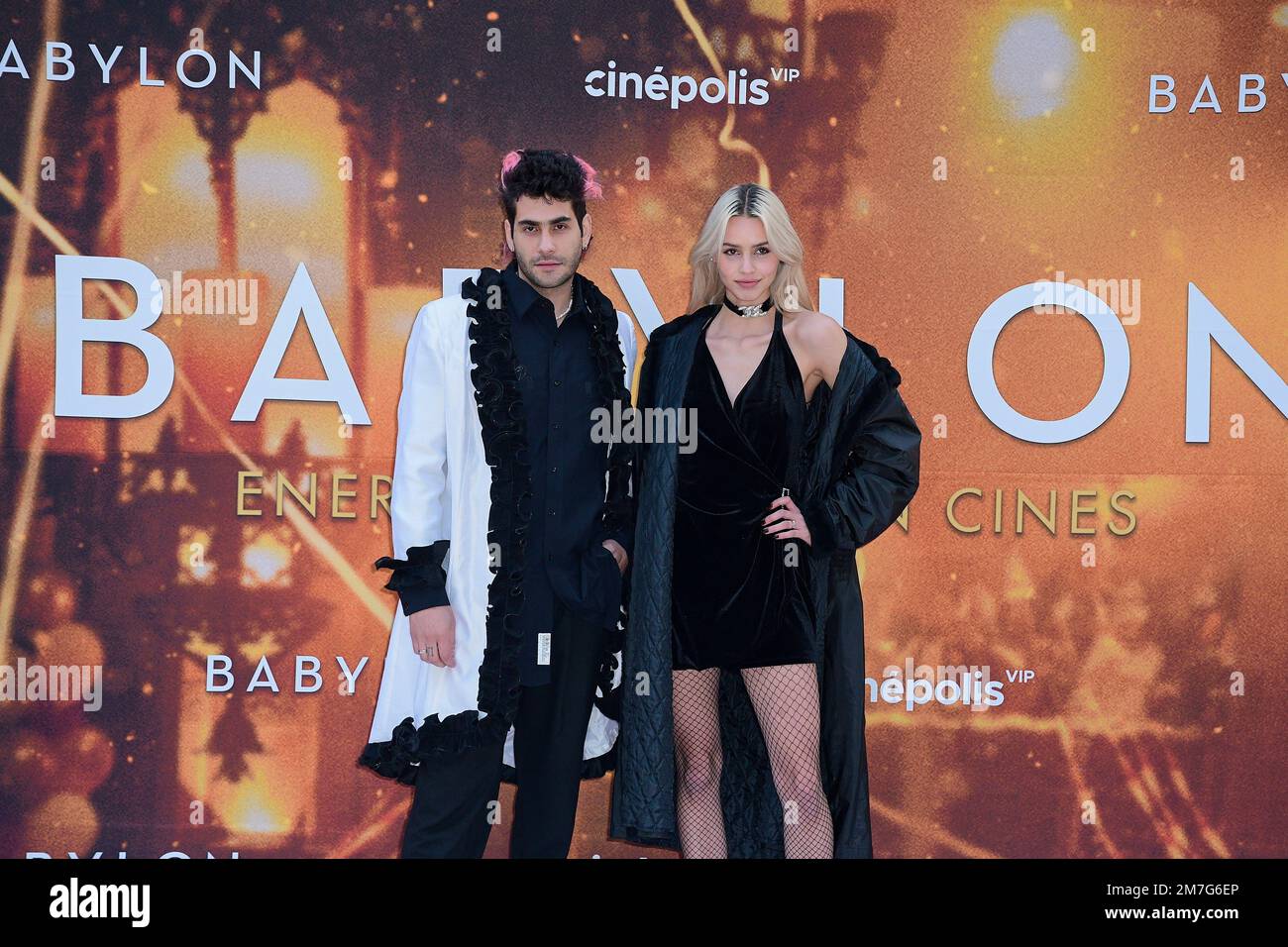 Mexico City, Mexico. 08th Jan, 2023. January 8, 2023, Mexico City, Mexico: Adrian Bluper, Jacqui Casillas attend the red carpet of the Babylon film premiere at Plaza Carso. on January 8, 2023 in Mexico City, Mexico. (Photo by Jaime Nogales/ Eyepix Group) (Photo by Eyepix/NurPhoto) Credit: NurPhoto SRL/Alamy Live News Stock Photo