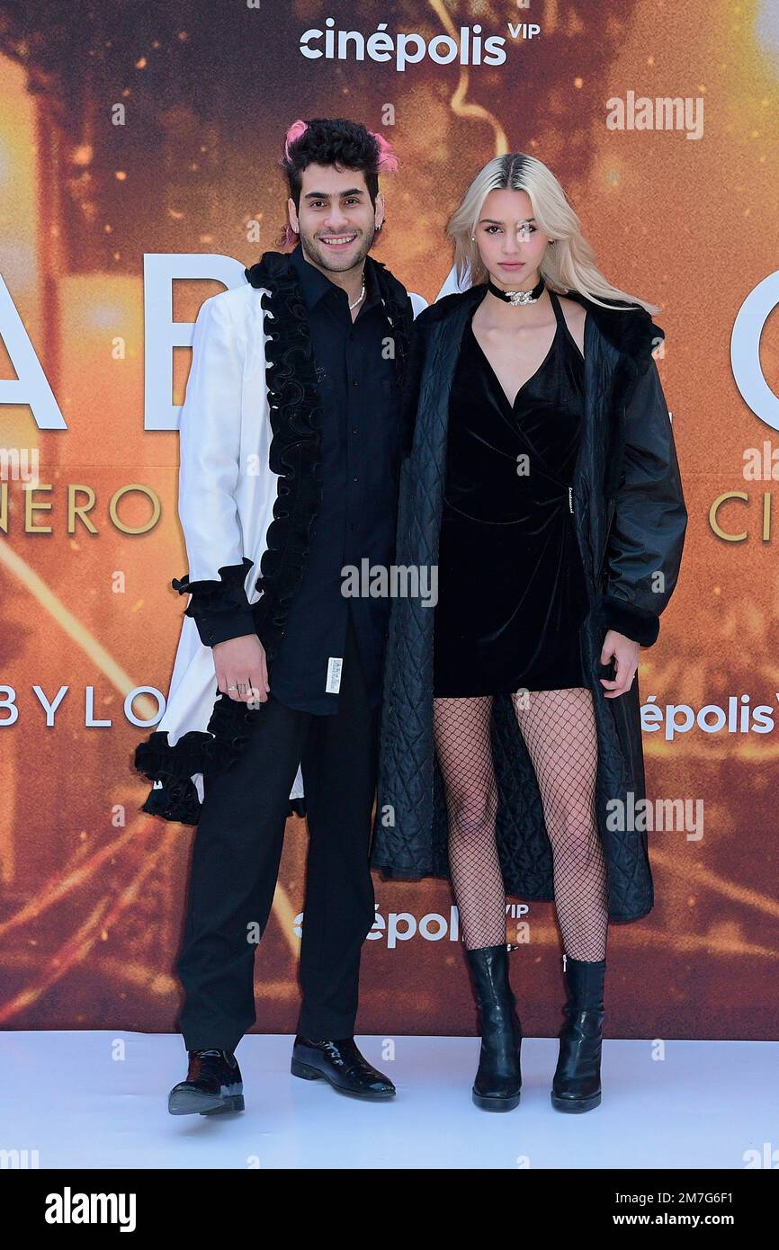 Mexico City, Mexico. 08th Jan, 2023. January 8, 2023, Mexico City, Mexico: Adrian Bluper, Jacqui Casillas attend the red carpet of the Babylon film premiere at Plaza Carso. on January 8, 2023 in Mexico City, Mexico. (Photo by Jaime Nogales/ Eyepix Group) (Photo by Eyepix/NurPhoto) Credit: NurPhoto SRL/Alamy Live News Stock Photo