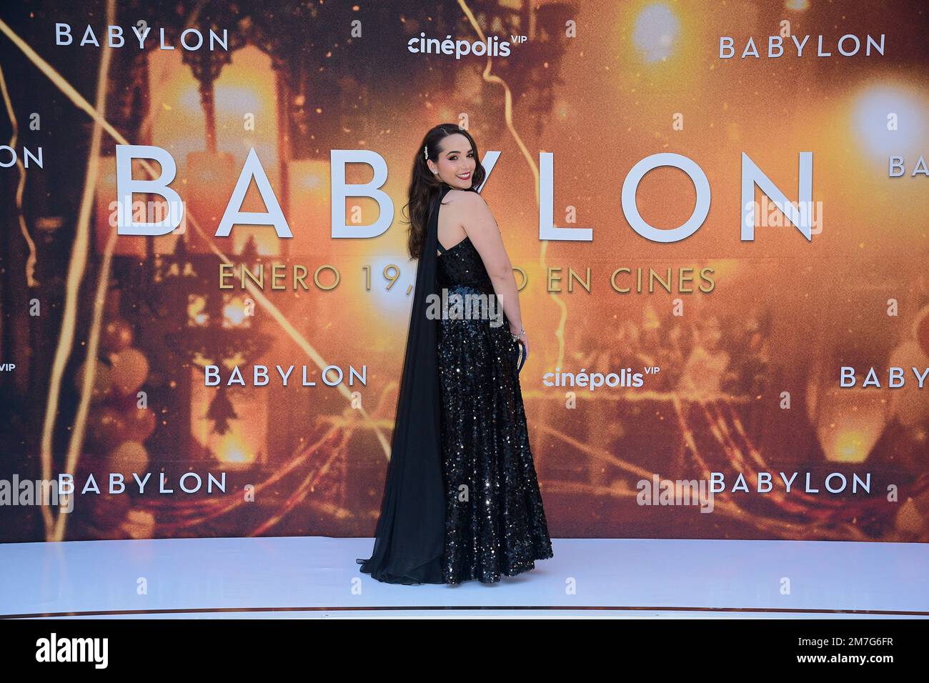 Mexico City, Mexico. 08th Jan, 2023. January 8, 2023, Mexico City, Mexico: Mafer Angulo attends the red carpet of the Babylon film premiere at Plaza Carso. on January 8, 2023 in Mexico City, Mexico. (Photo by Jaime Nogales/ Eyepix Group) (Photo by Eyepix/NurPhoto) Credit: NurPhoto SRL/Alamy Live News Stock Photo