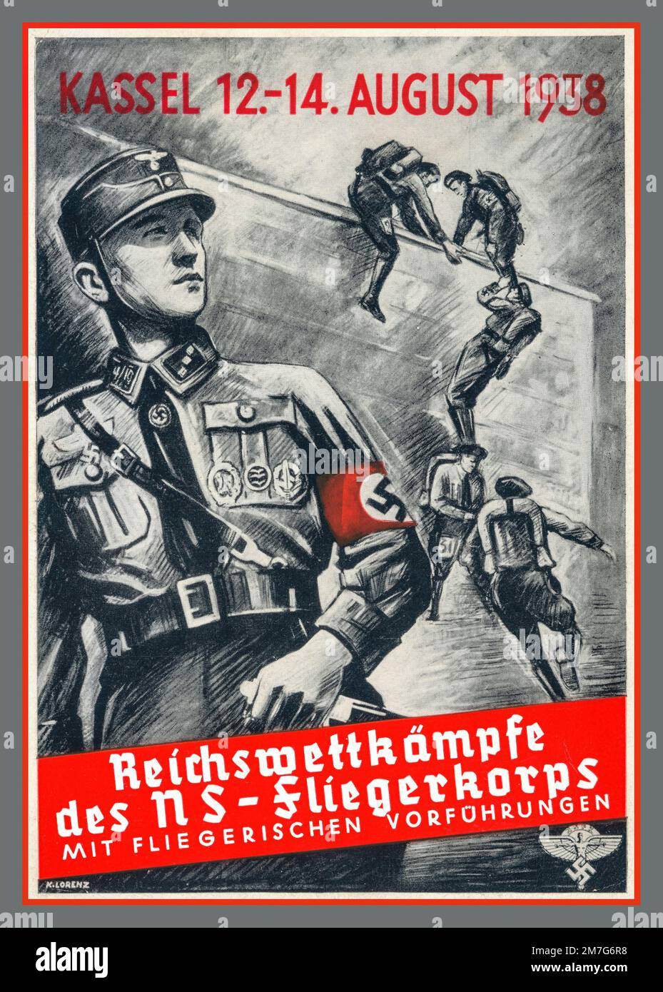 Nazi NS-FLIEGERKORPS Recruitment Recruiting Nazi Poster 1938 Nazi Germany 'mit fliegerischen vorfuhrungen' 'with flying demonstrations'  'empire competitions' Reichswettkämpfe Stock Photo