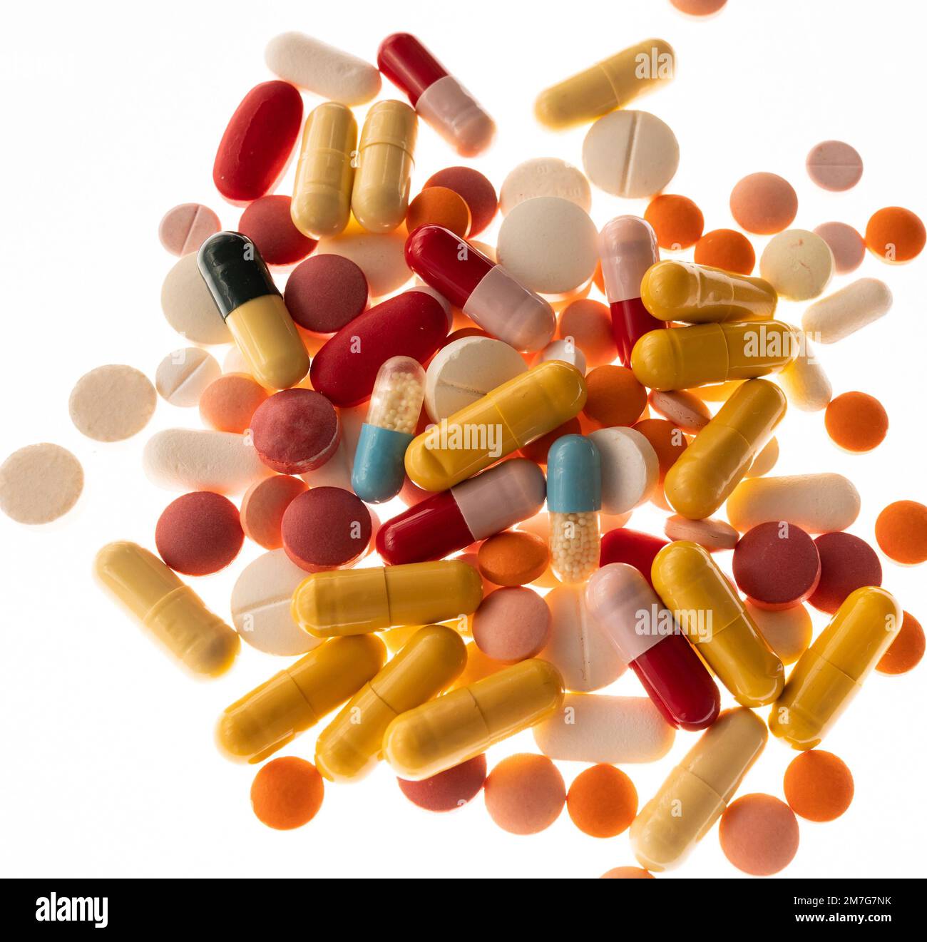 Pile of different medicaments pills, capsules, isolated on white background Stock Photo