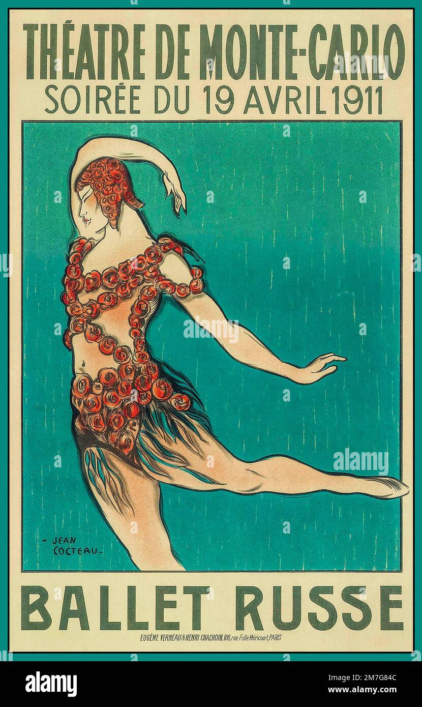 NIJINSKY BALLET Poster by Jean Cocteau for the 1911 Ballet Russe season showing Nijinsky in costume for 'Le Spectre de la Rose', Paris France Stock Photo