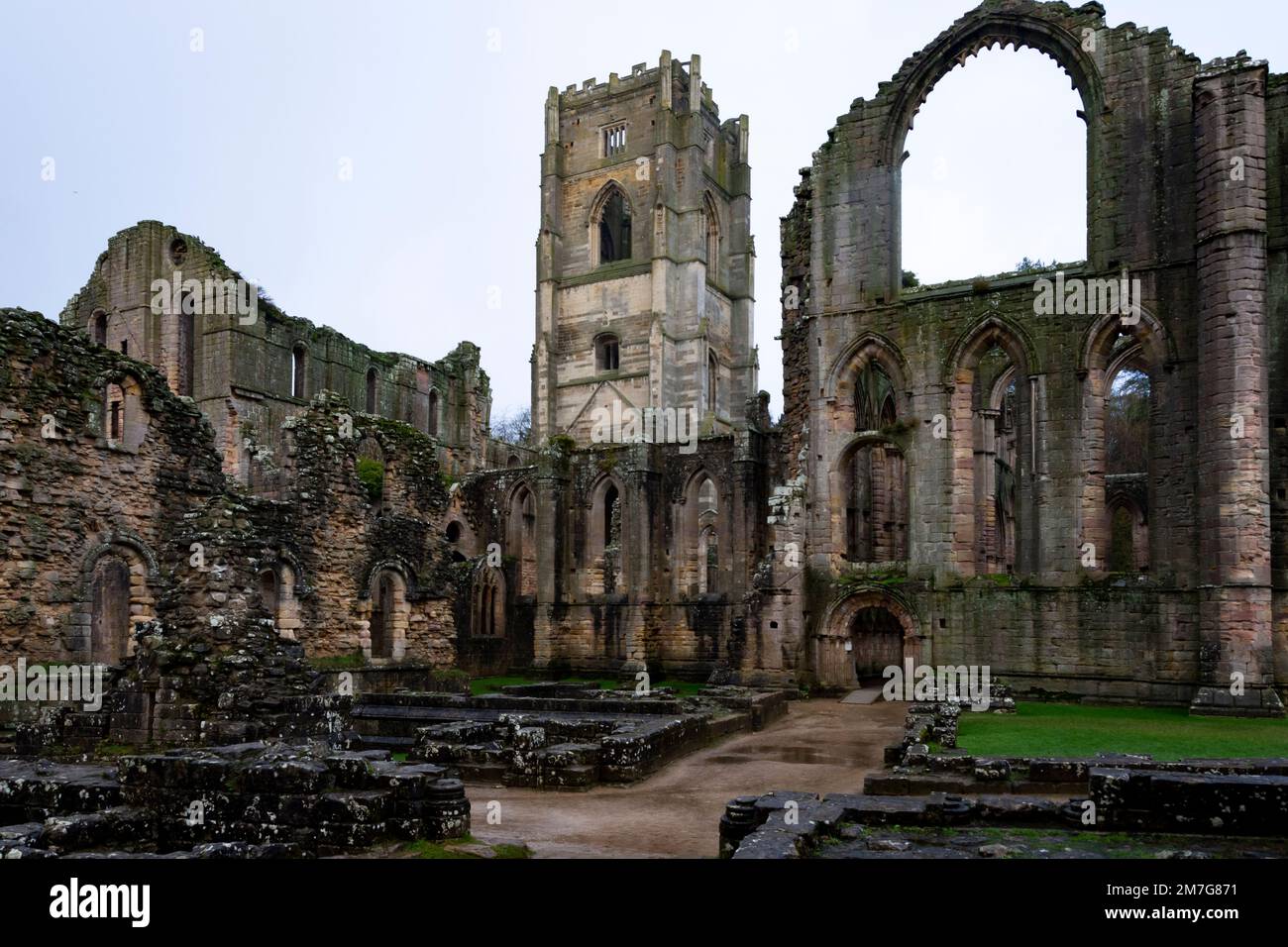 Ruins of Fountains Abbey. Landmark & historical building Stock Photo