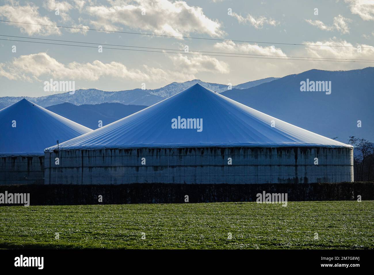 A modern biogas plant in the province of Cuneo in Piedmont. Cardè, Italy - January 2023 Stock Photo