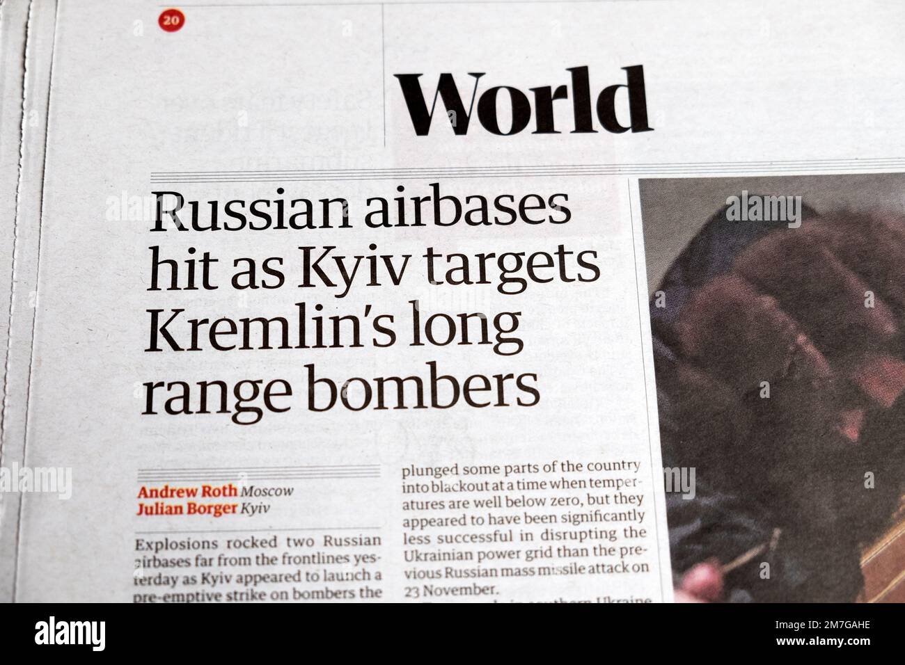 'Russian airbases hit as Kyiv targets Kremlin's long range bombers' Russia Ukraine war Guardian newspaper headline 7 December 2022 London UK Britain Stock Photo