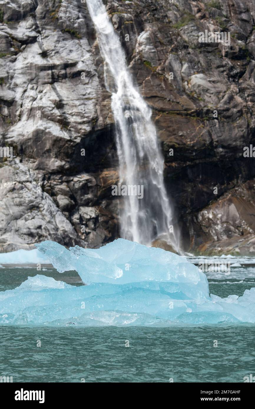 USA, Alaska, Stikine-LaConte Wilderness, LaConte Glacier. Iceberg in front of waterfall. Stock Photo