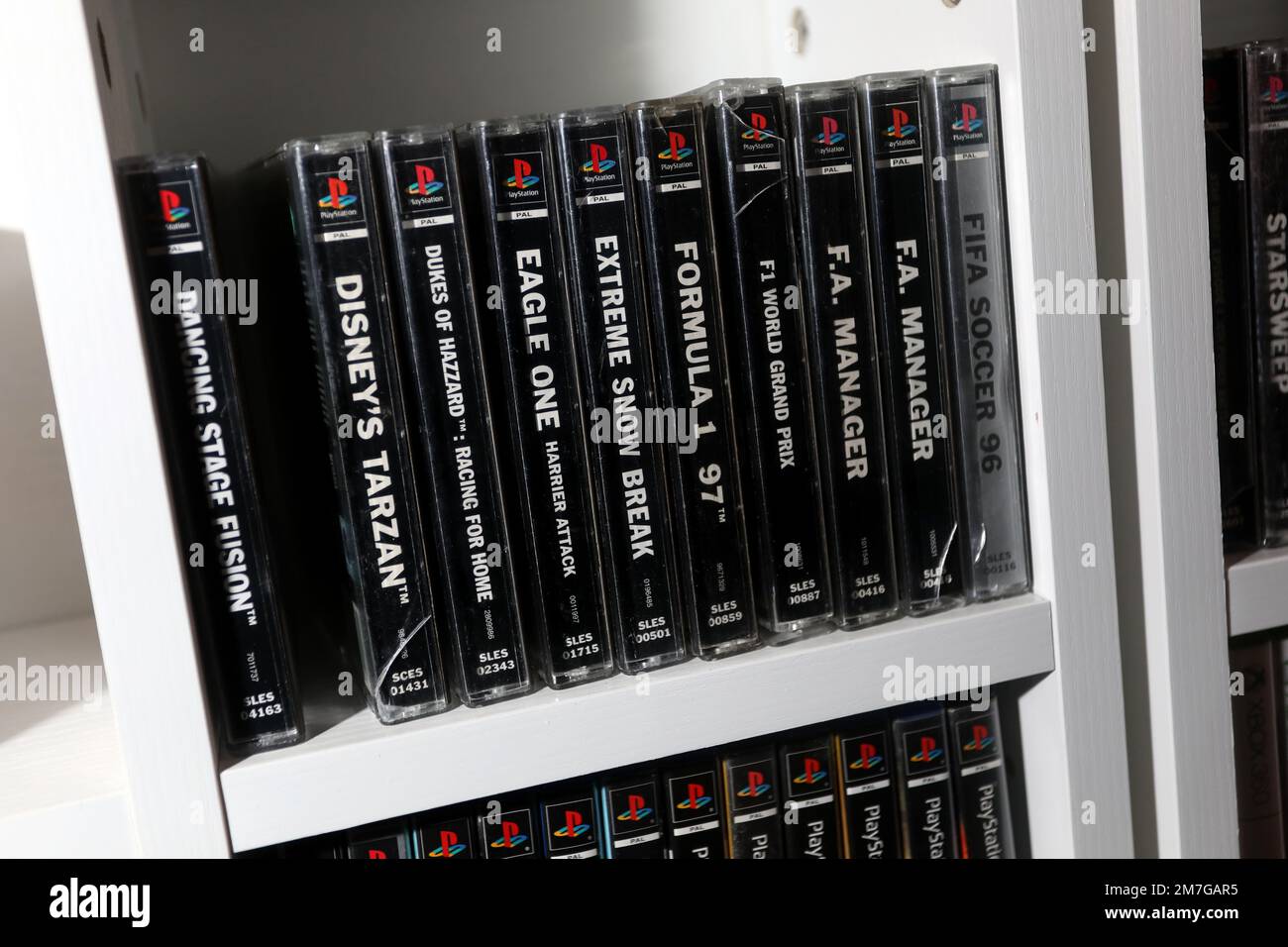 A huge library of old Playstation games on display in Havant, Hampshire, UK. Stock Photo
