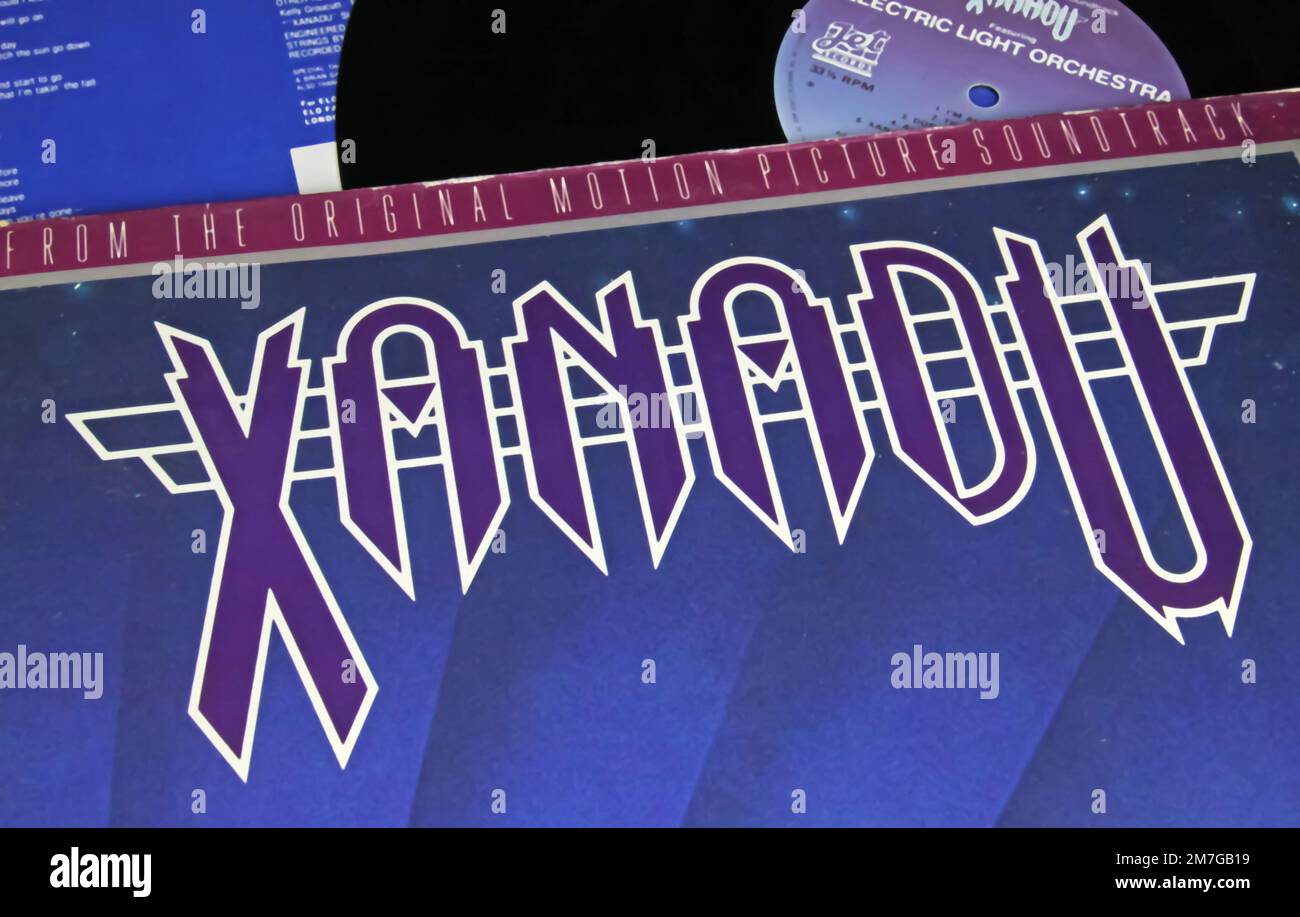Viersen, Germany - November 9. 2022: Closeup of isolated vinyl record album movie Sountrack Xanadu, released 1980 Stock Photo
