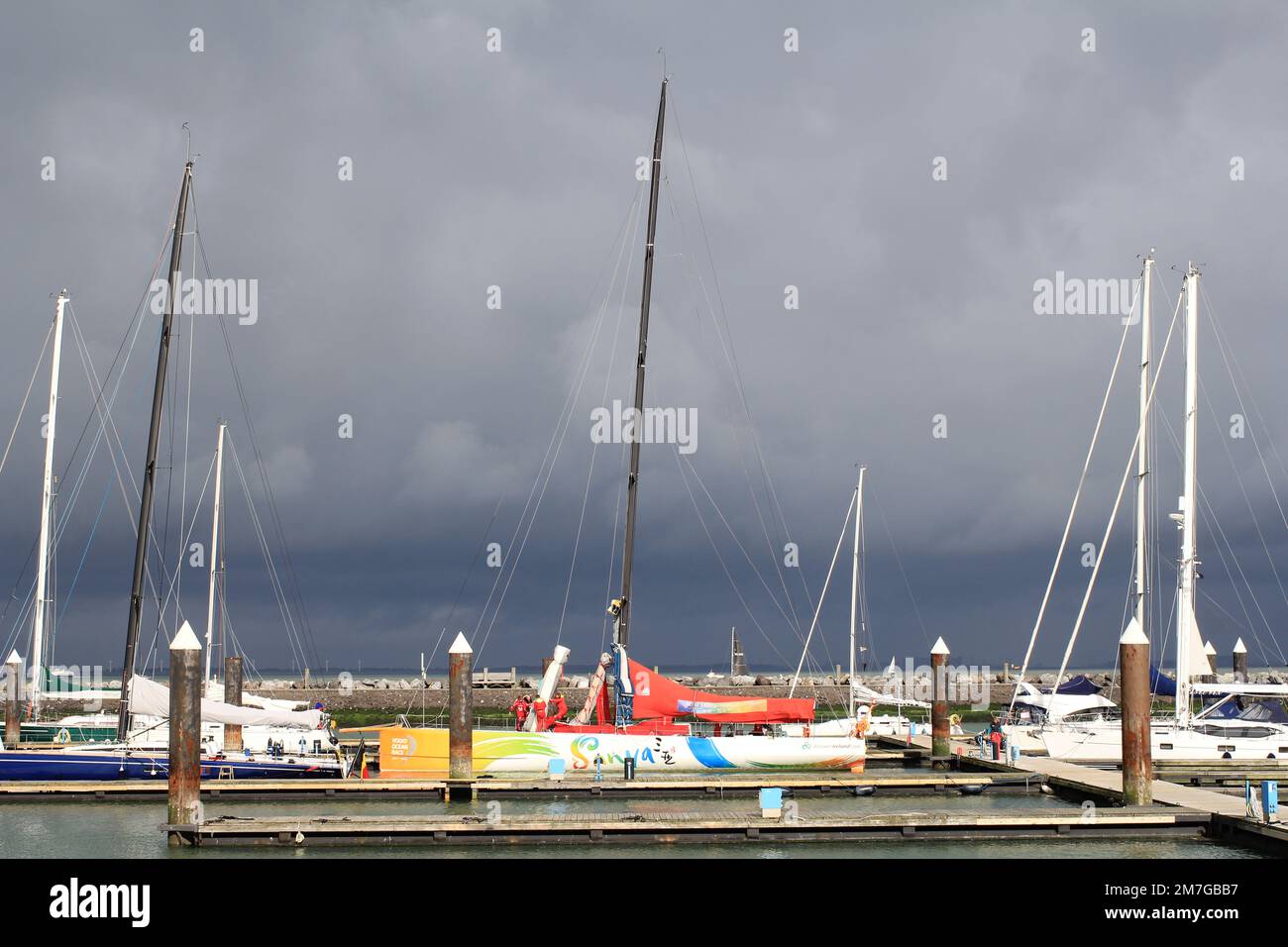 a large sailboat is after the round the world ocean race moored in the ...