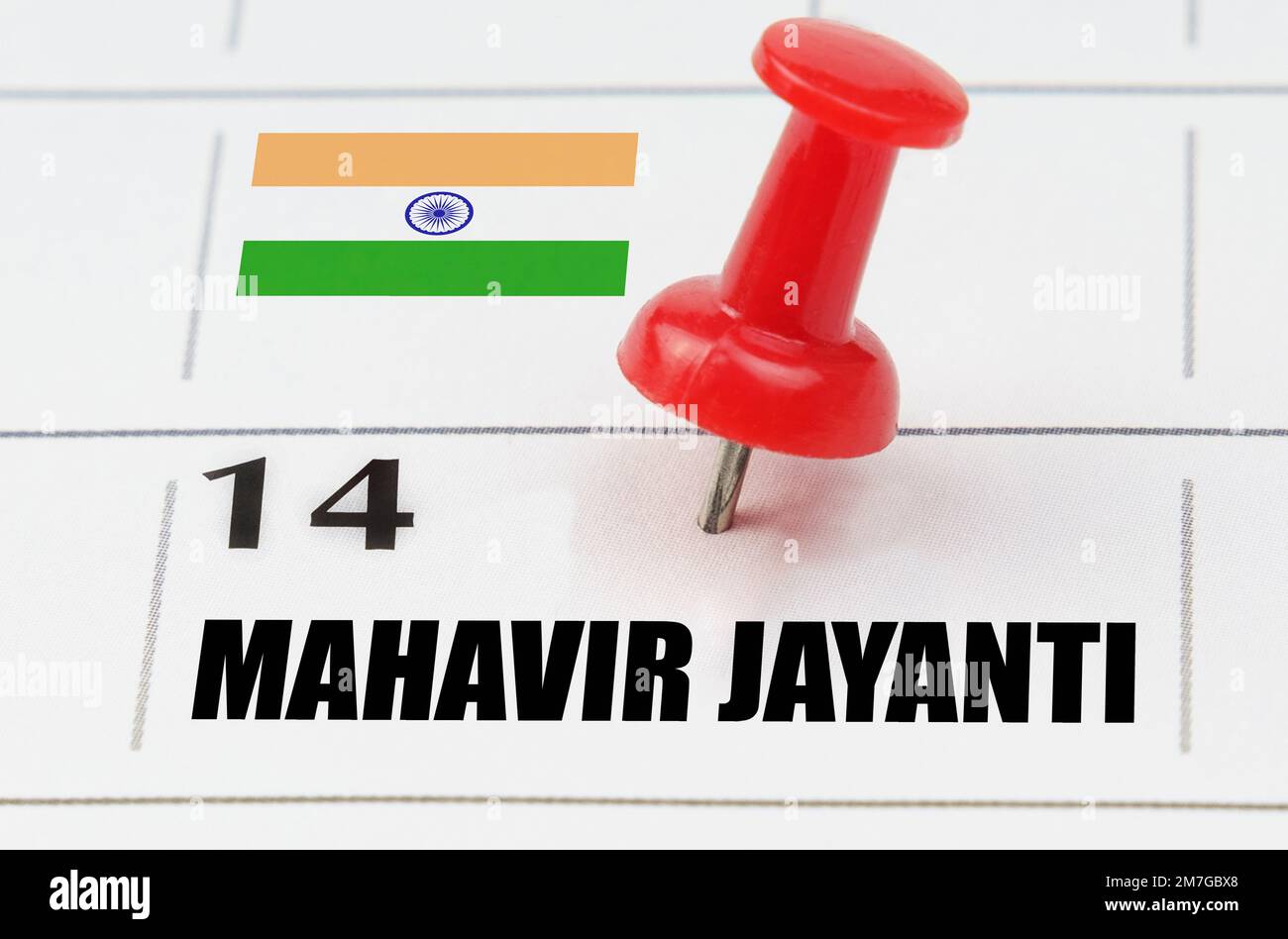 National holidays. On the calendar grid, the date and name of the holiday - April 14 - India - Mahavir Jayanti Stock Photo
