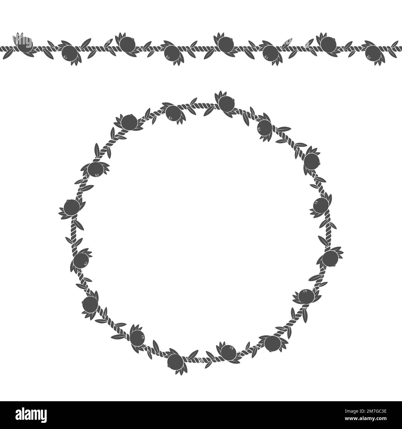 Seamless pattern and frame of the cord with cranberries, lingonberries and leaves. Isolated objects on white. Stock Vector