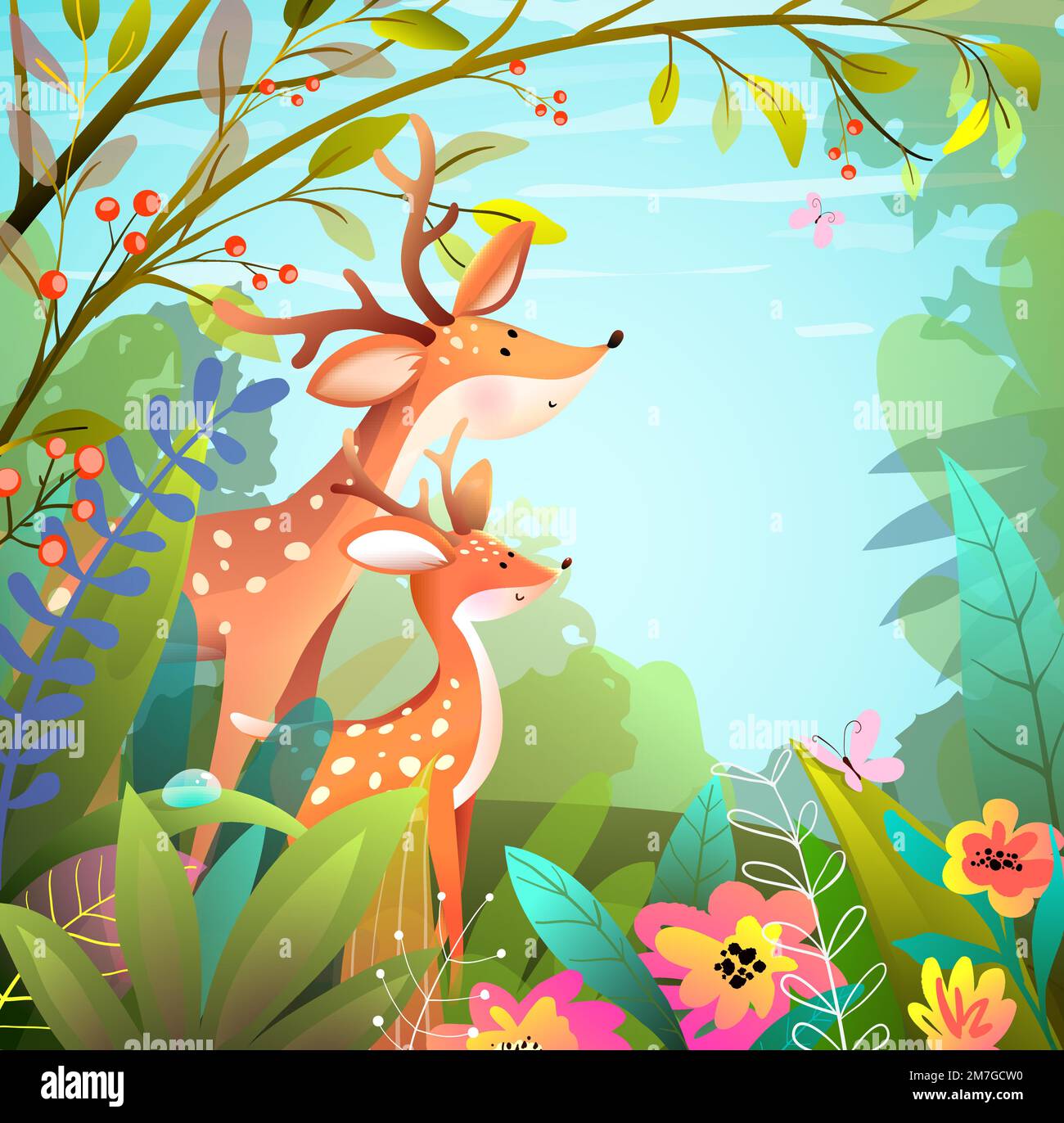 Deer Mother and Baby, Cute Animals in the Forest Stock Vector