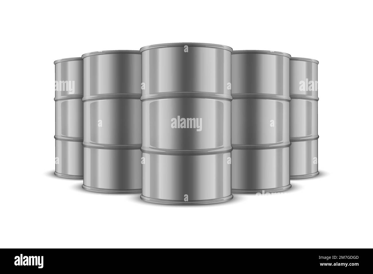 Vector 3d Realistic Five Gray Steel Silver Barrels, Hazard Liquid