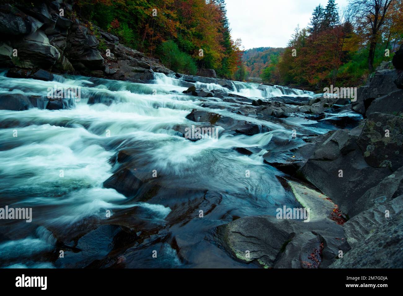 Yaremche waterfall, Prut mountain river in the Carpathians. Ukraine Stock Photo