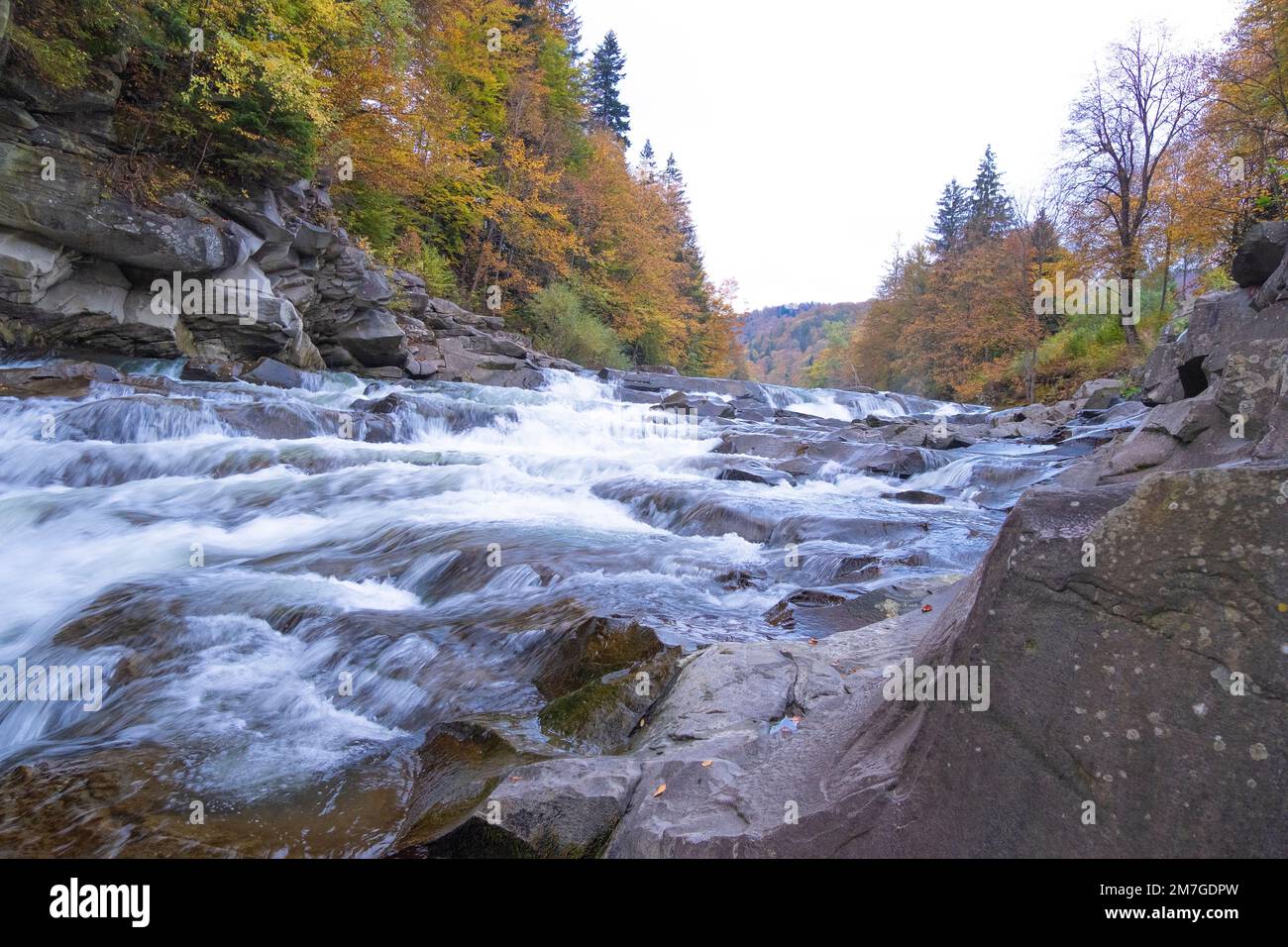 Yaremche waterfall, Prut mountain river in the Carpathians. Ukraine Stock Photo