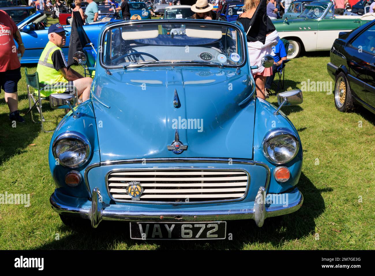 1960 Morris Minor convertible at a classic car show in the Gnoll Country Park, Neath Port Talbot, Wales, UK Stock Photo