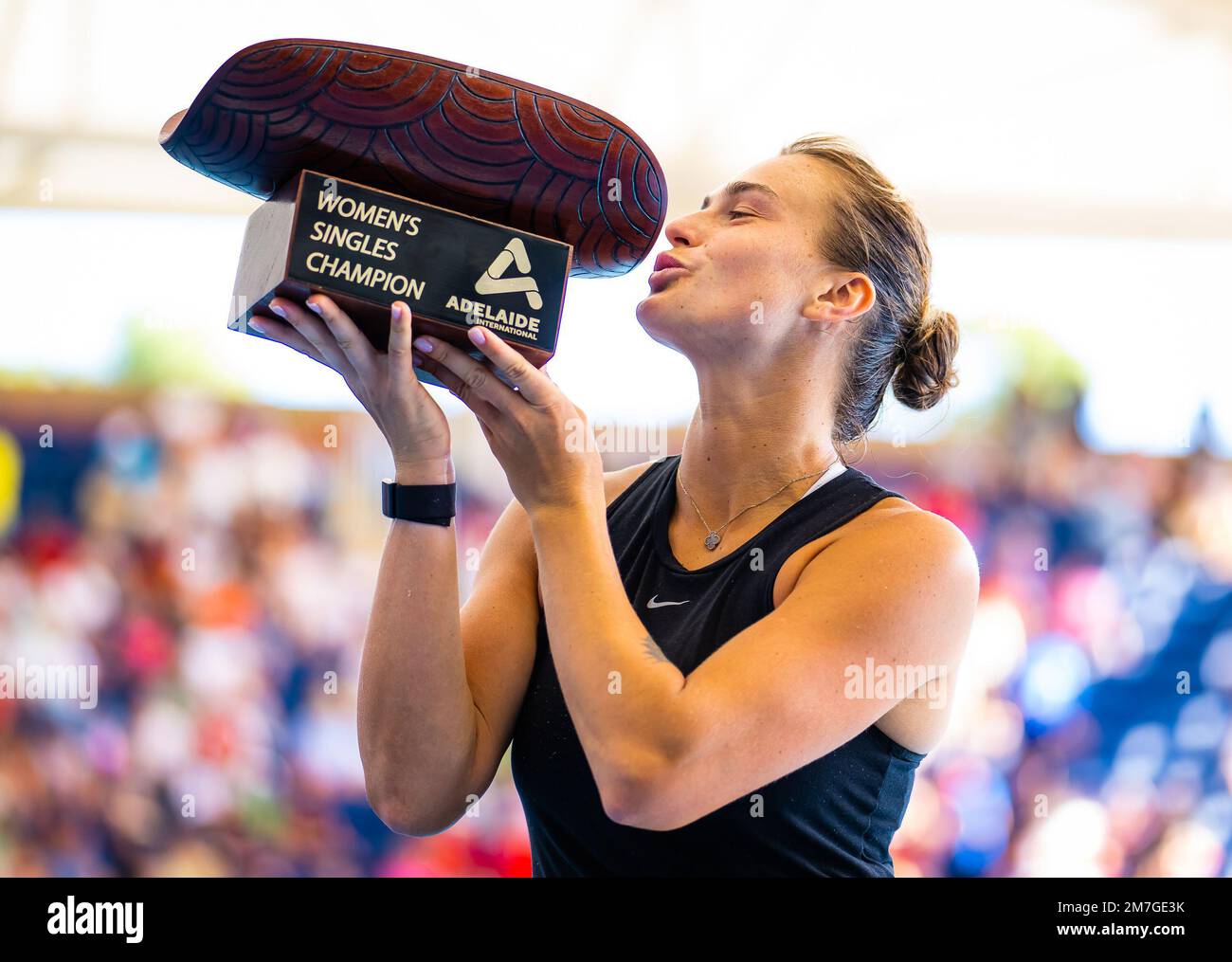 Aryna Sabalenka of Belarus poses with the champions trophy after wining