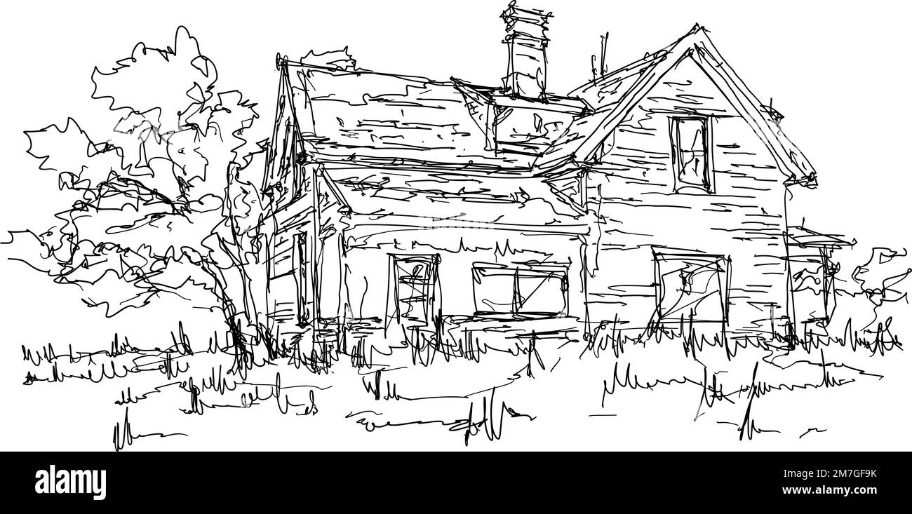 hand drawn architectural sketch of beautiful old classic detached village house with garden  and trees and lots of weed Stock Photo