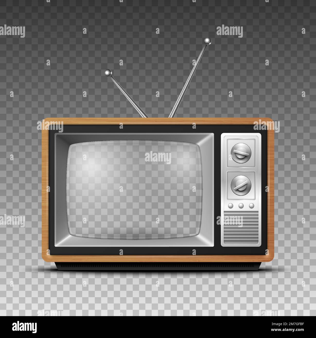 Vector 3d Realistic Brown Wooden Retro TV Receiver with Transparent Screen Isolated. Home Interior Design Concept. Vintage TV Set, Television, Front Stock Vector