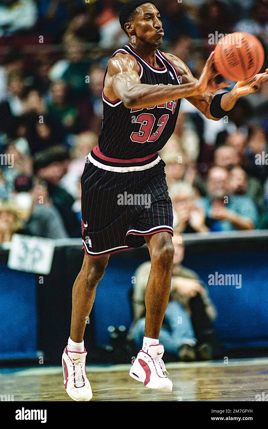 Chicago Bulls forward Scottie Pippen (33) makes a move with the basketball  against the Seattle Super Sonics during an NBA game. Nov. 15, 2003 in  Chicago. (Kevin Reece via AP Stock Photo - Alamy
