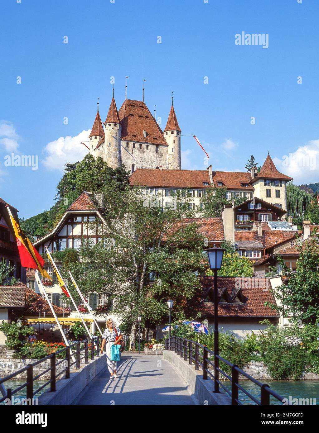 Castle Thun over City Hall Square, Thun (Thoune), Bern, Switzerland Stock Photo