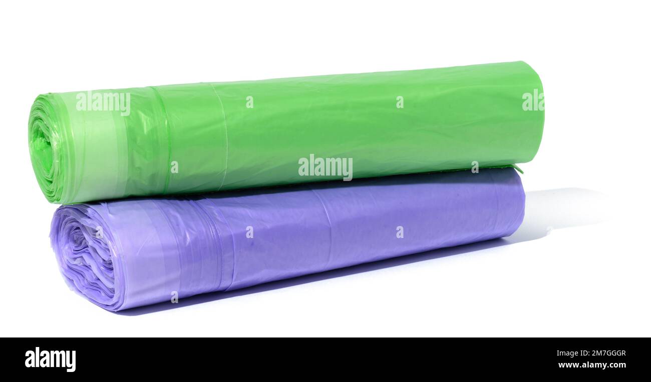 Plastic trash bags with strings on white background, close up Stock Photo Alamy