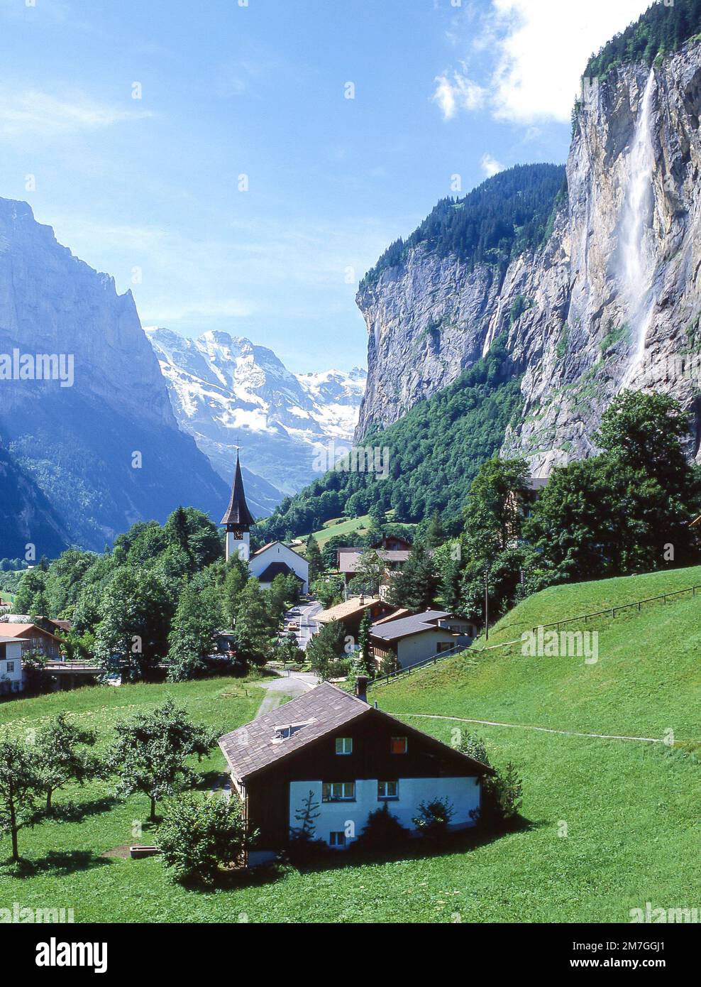 Lauterbrunnen Village and Wall, Lauterbrunnen Valley, Bern, Switzerland Stock Photo