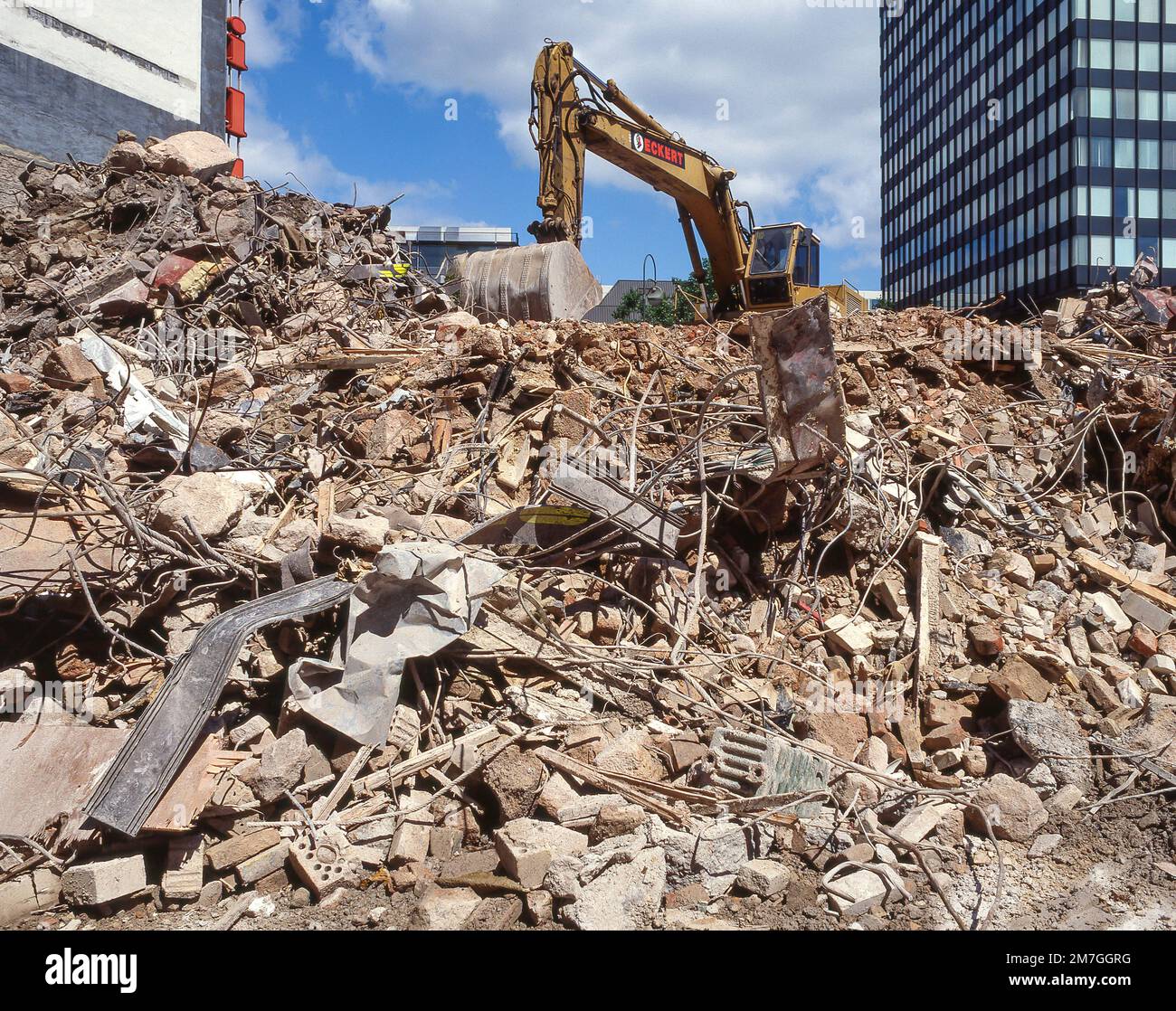 Excavator working on building demolition site, Liverpool Street, City of London, Greater London, England, United Kingdom Stock Photo