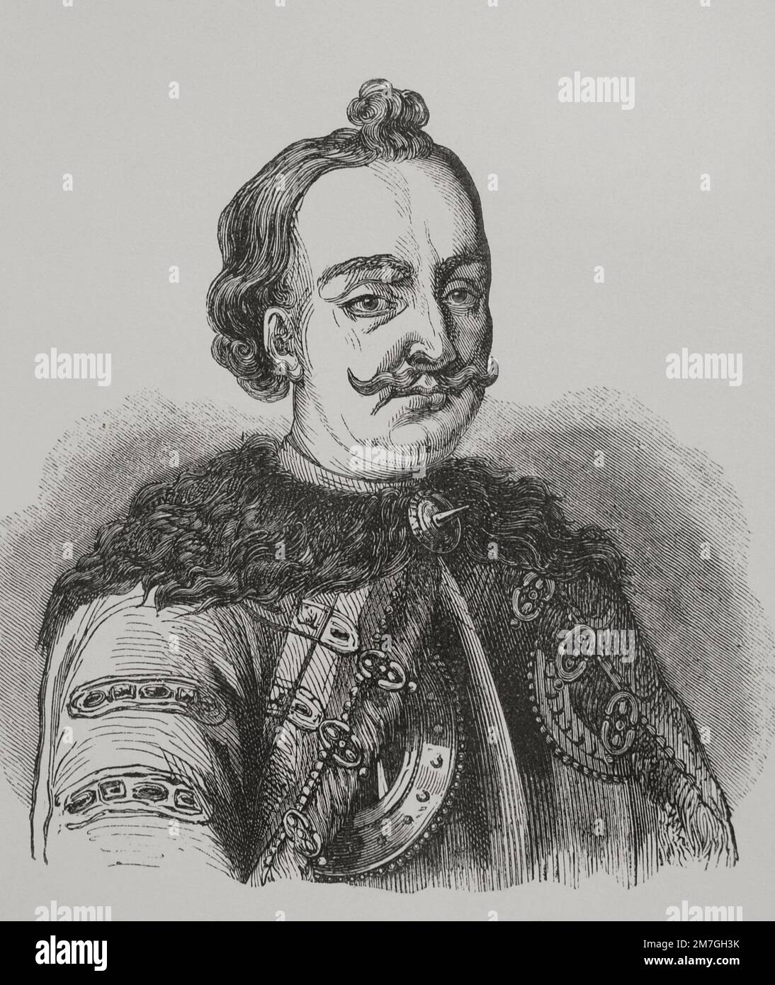 Imre Thököly (1657-1705). Hungarian nobleman who for a short period founded the Principality of Upper Hungary (1682-1685). In 1690 he became Prince of Transylvania. Portrait. Engraving. 'Los Heroes y las Grandezas de la Tierra' (The Heroes and the Grandeurs of the Earth). Volume VI. 1856. Stock Photo